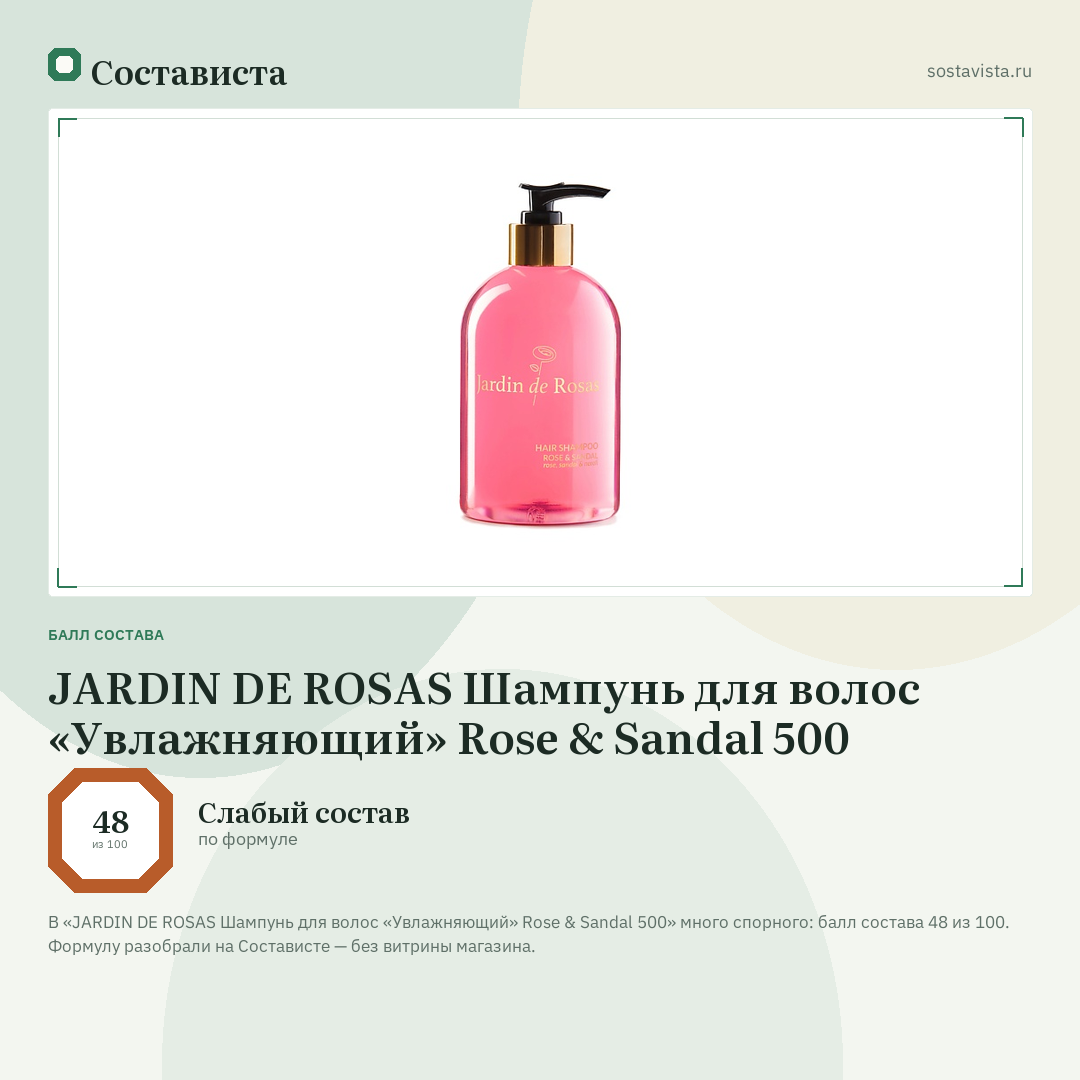 JARDIN DE ROSAS Шампунь для волос «Увлажняющий» Rose & Sandal 500: балл состава 48 из 100 — Состависта