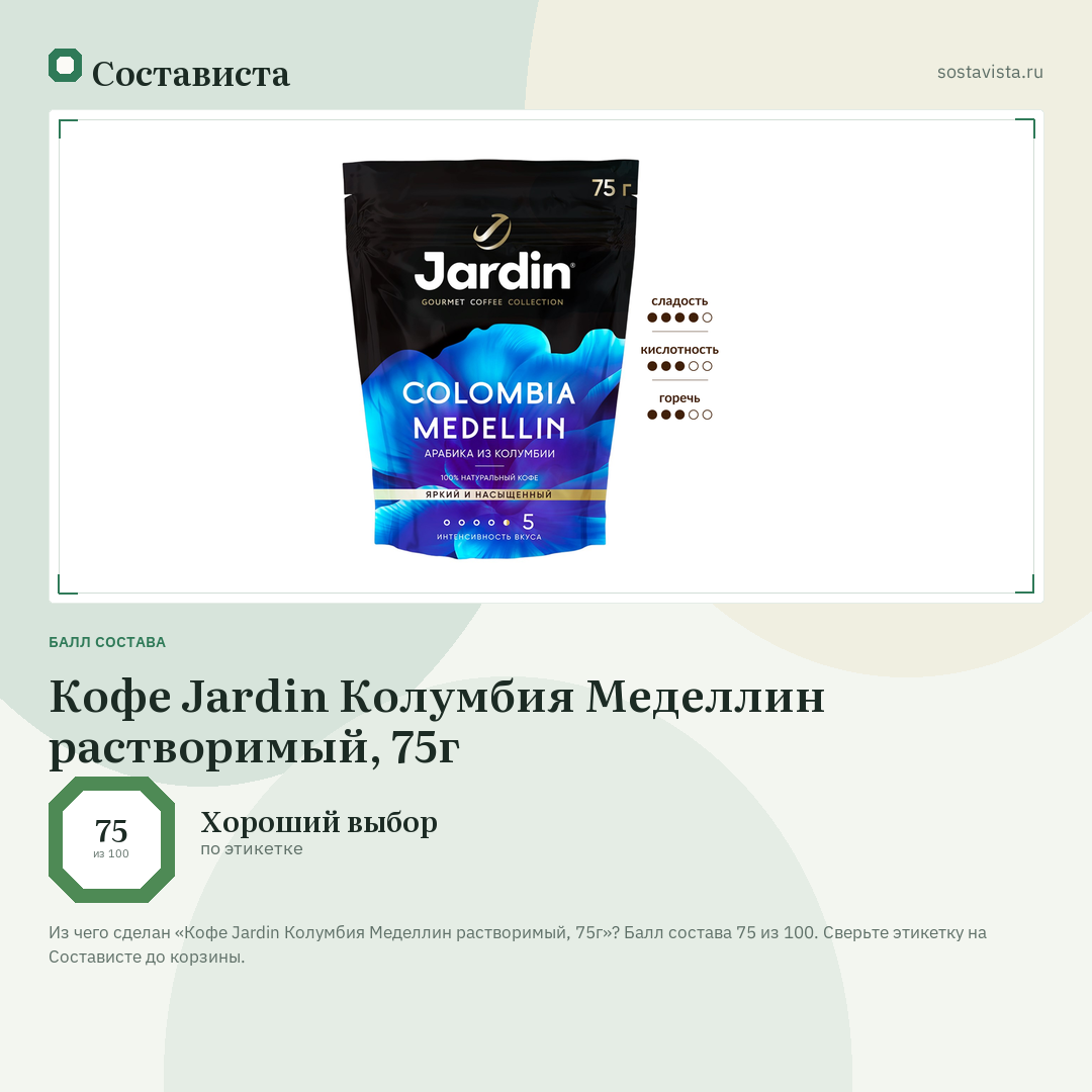 Кофе Jardin Колумбия Меделлин растворимый, 75г: балл состава 75 из 100 — Состависта