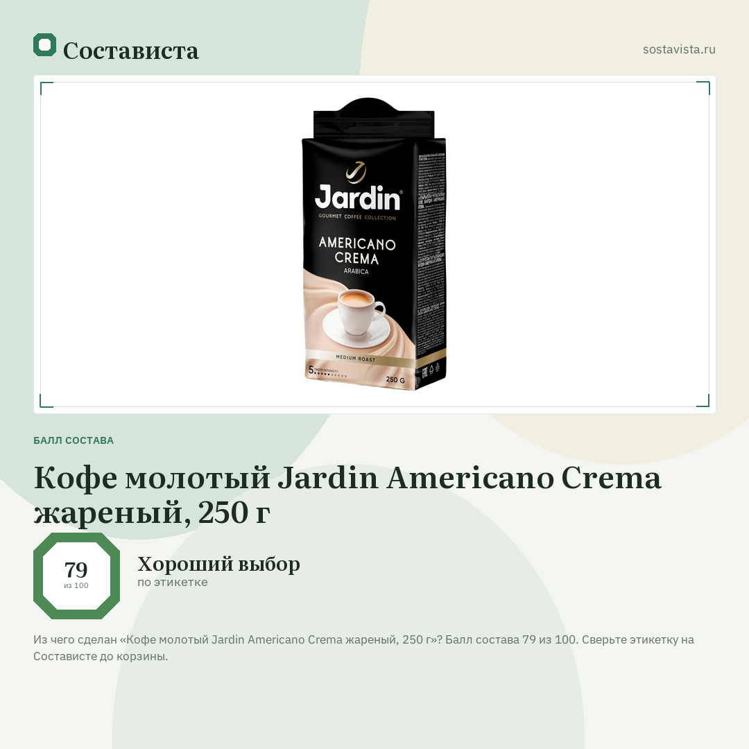 Кофе молотый Jardin Americano Crema жареный, 250 г: балл состава 79 из 100 — Состависта