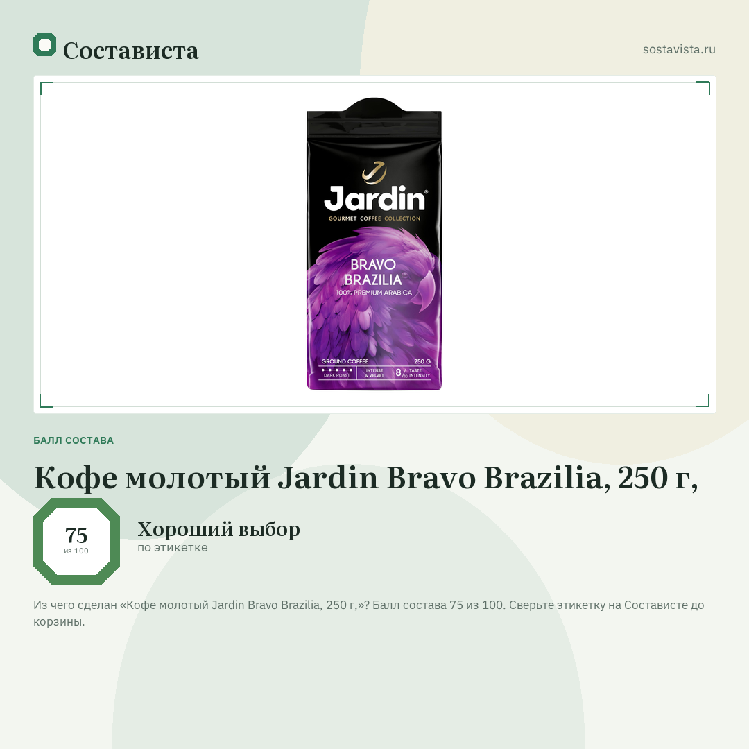 Кофе молотый Jardin Bravo Brazilia, 250 г,: балл состава 75 из 100 — Состависта