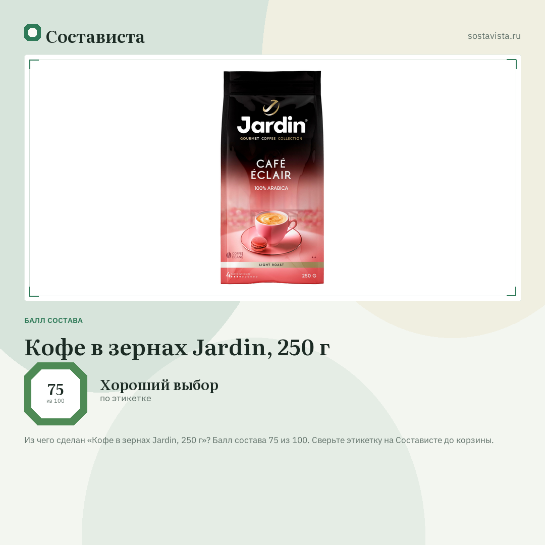 Кофе в зернах Jardin, 250 г: балл состава 75 из 100 — Состависта