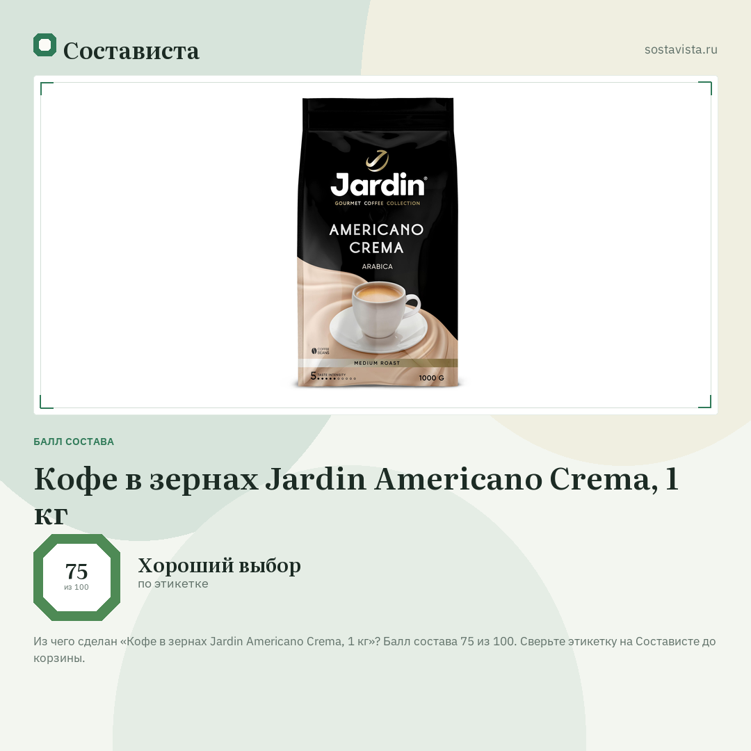 Кофе в зернах Jardin Americano Crema, 1 кг: балл состава 75 из 100 — Состависта