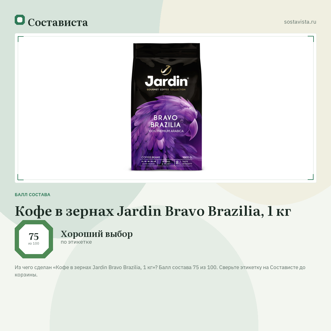 Кофе в зернах Jardin Bravo Brazilia, 1 кг: балл состава 75 из 100 — Состависта