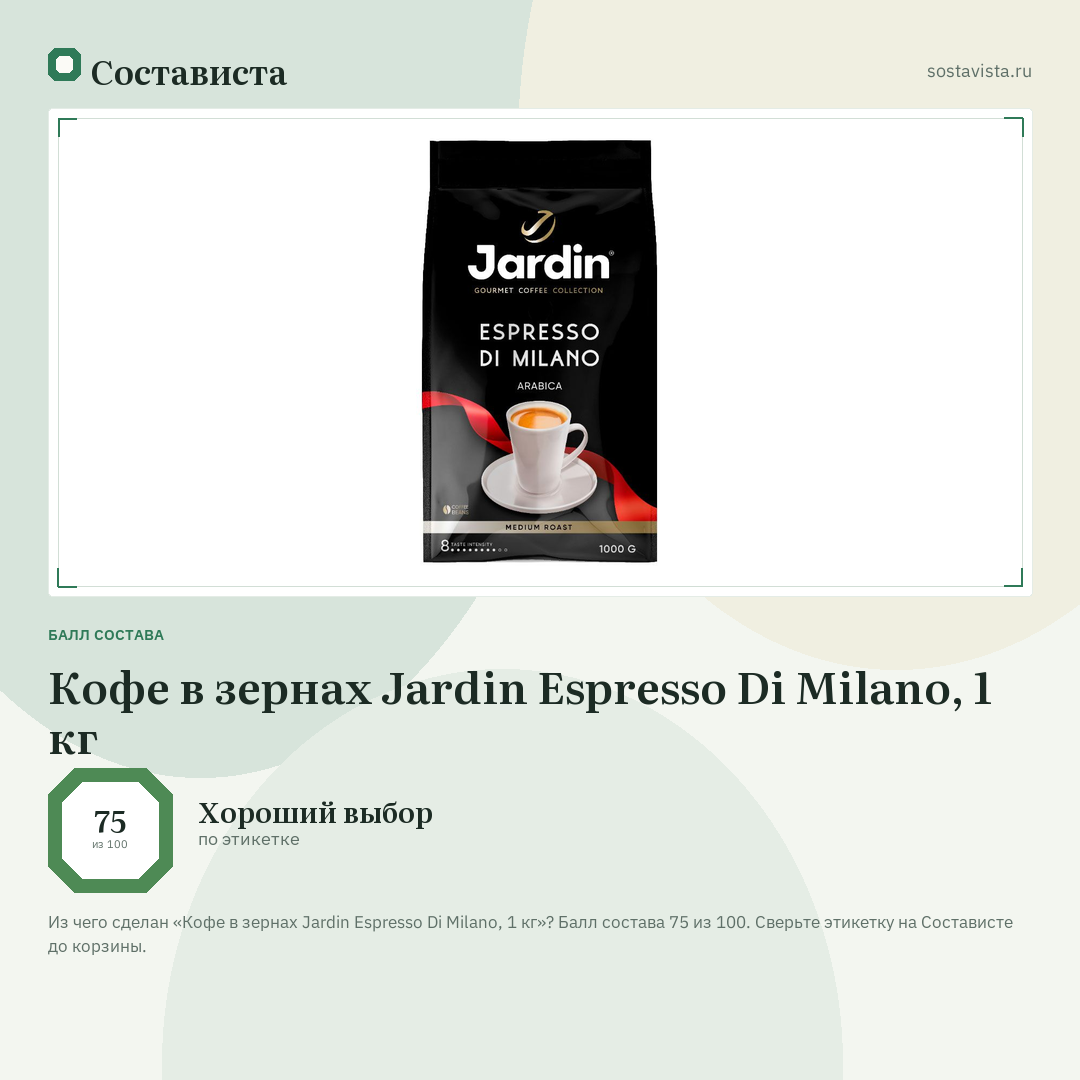 Кофе в зернах Jardin Espresso Di Milano, 1 кг: балл состава 75 из 100 — Состависта