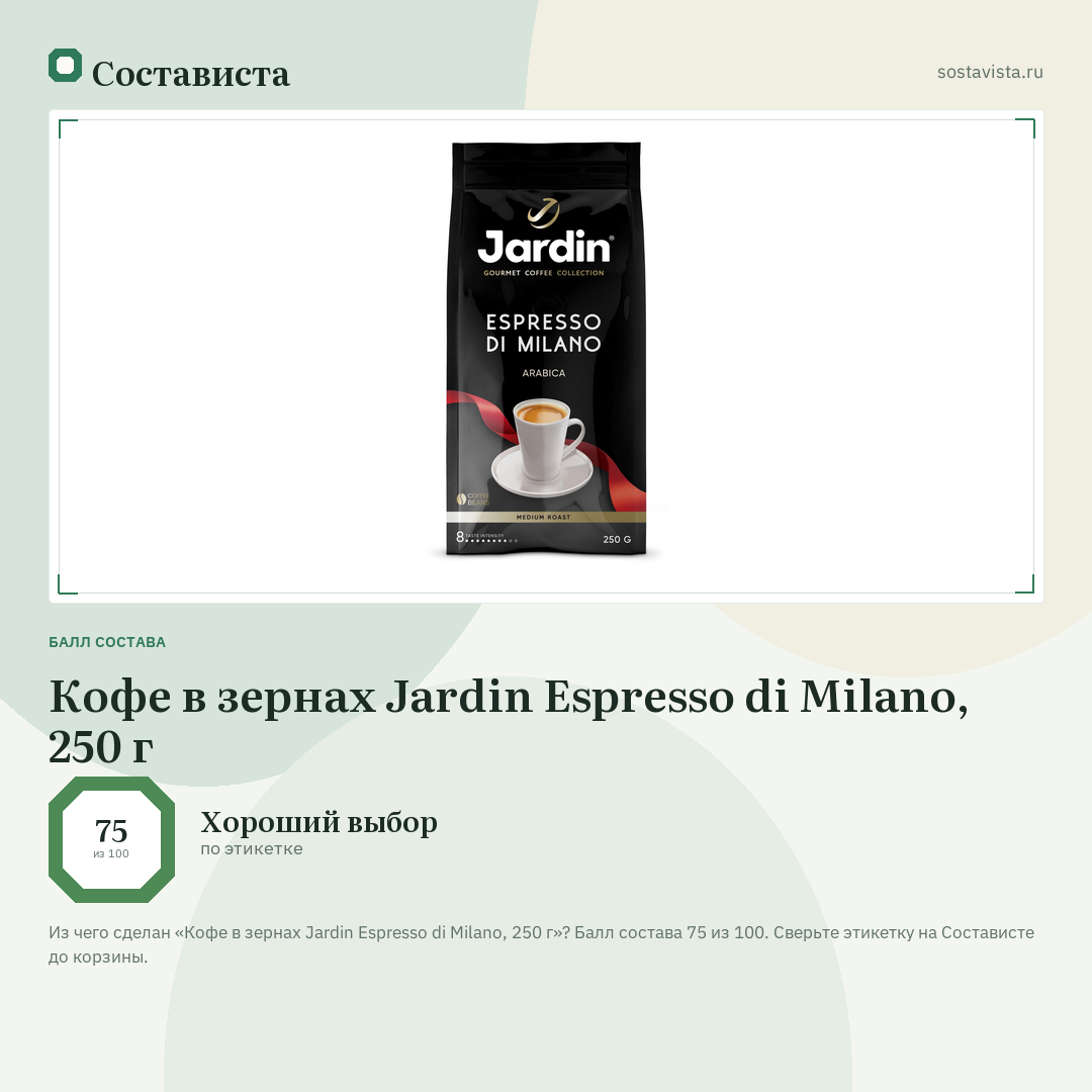 Кофе в зернах Jardin Espresso di Milano, 250 г: балл состава 75 из 100 — Состависта