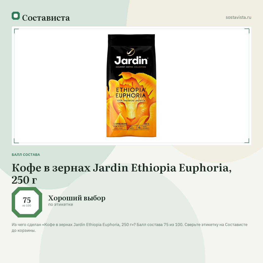 Кофе в зернах Jardin Ethiopia Euphoria, 250 г: балл состава 75 из 100 — Состависта