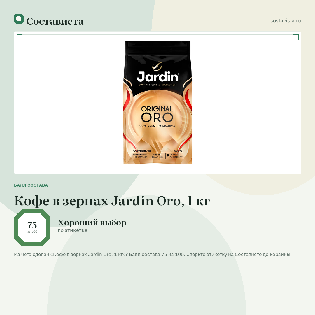 Кофе в зернах Jardin Oro, 1 кг: балл состава 75 из 100 — Состависта