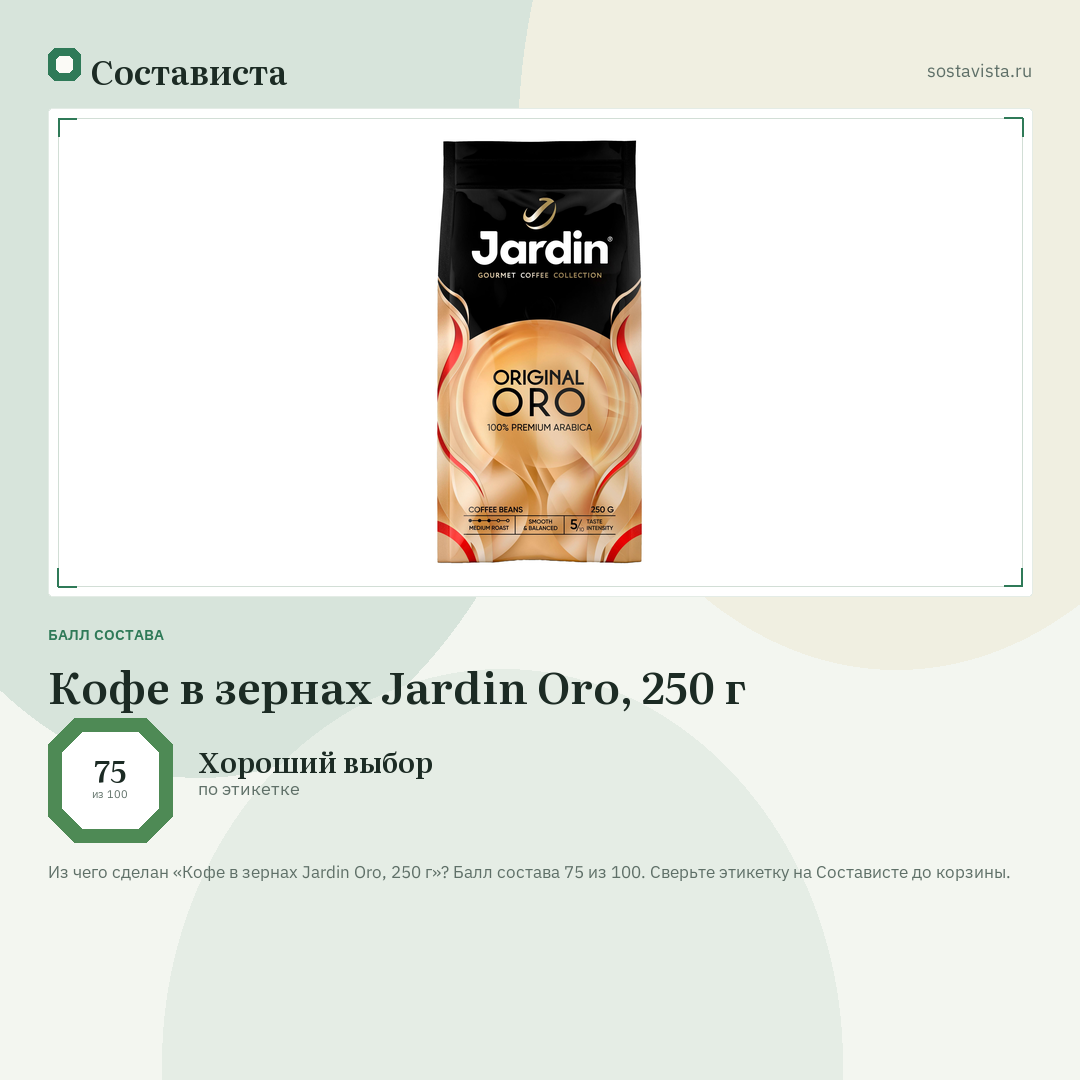 Кофе в зернах Jardin Oro, 250 г: балл состава 75 из 100 — Состависта