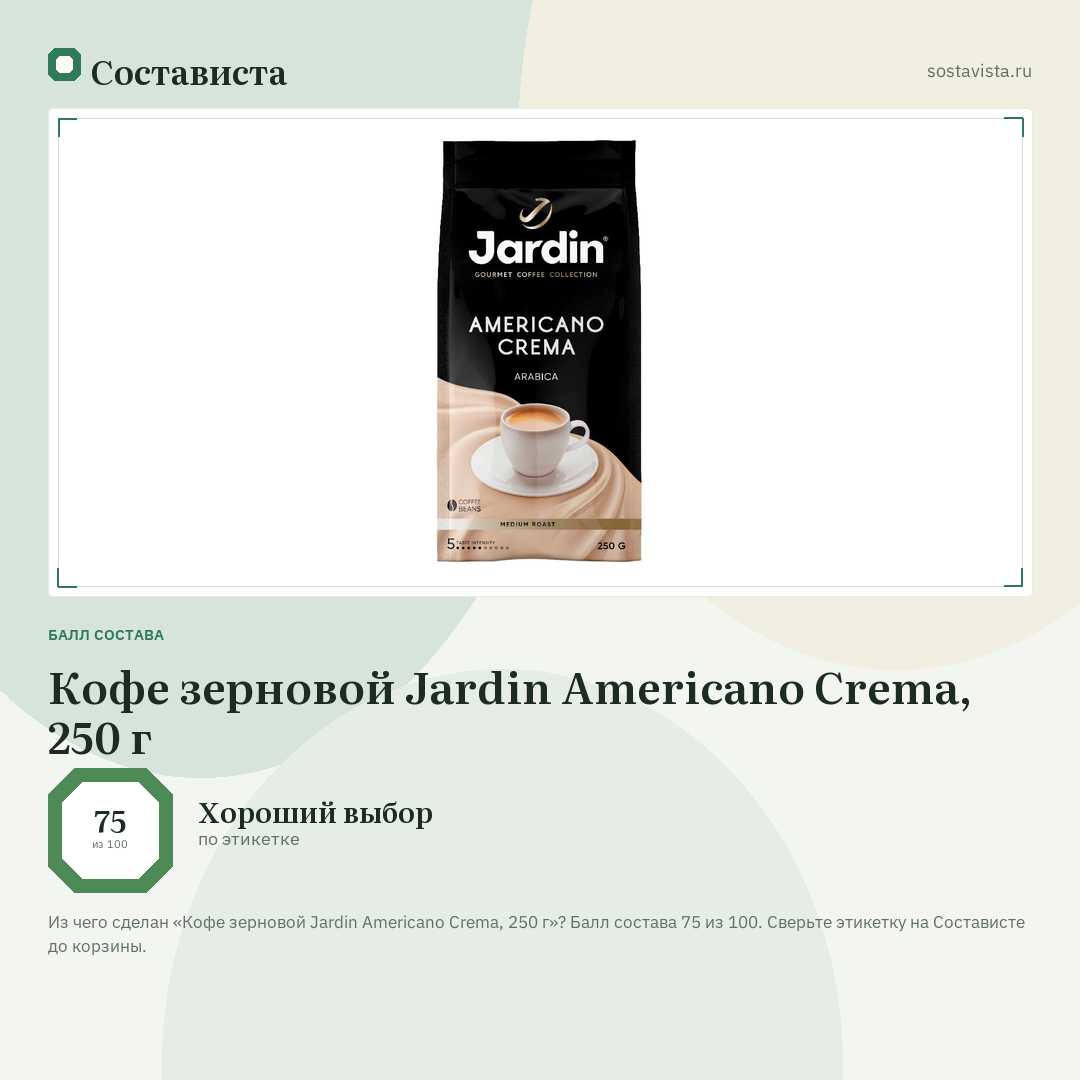 Кофе зерновой Jardin Americano Crema, 250 г: балл состава 75 из 100 — Состависта