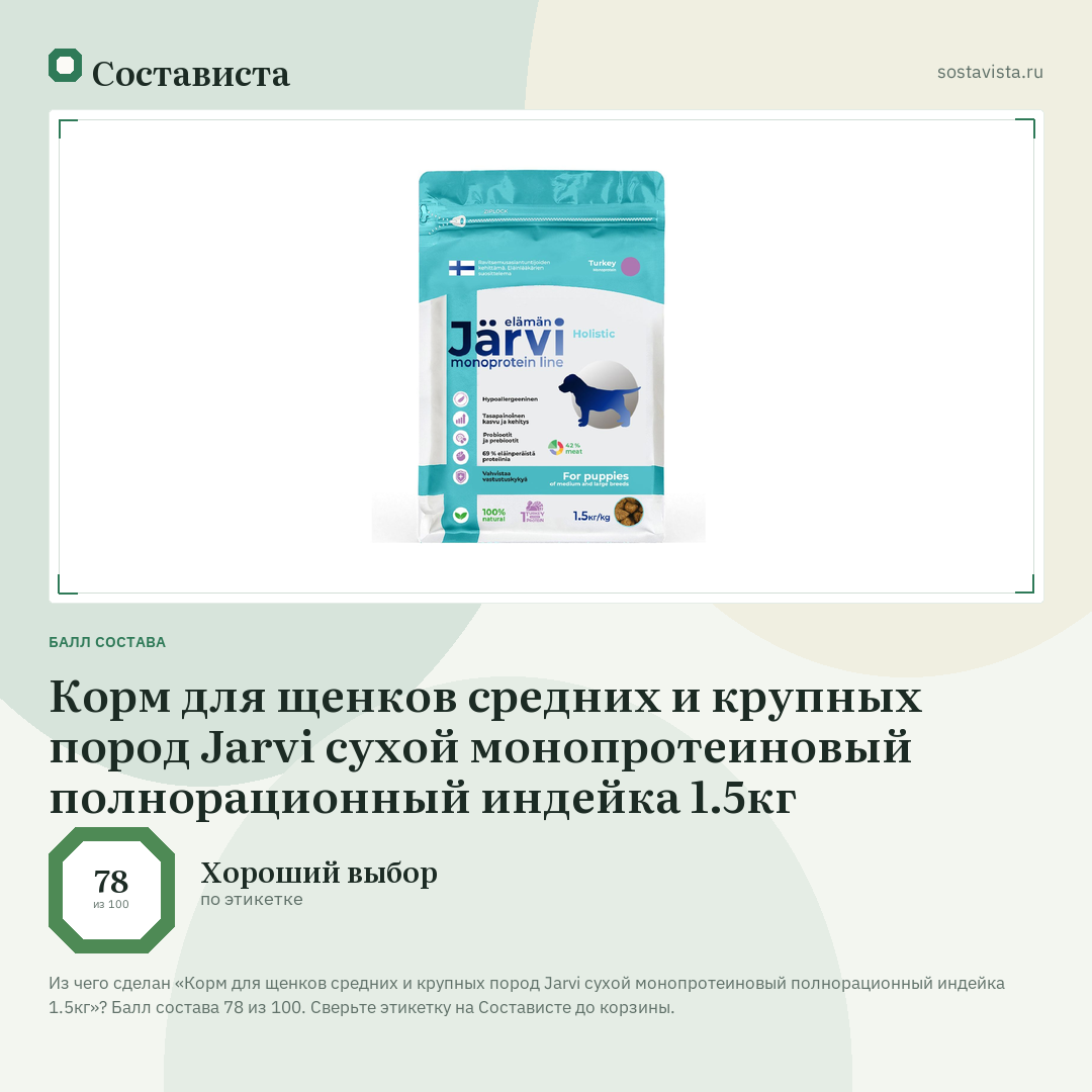 Корм для щенков средних и крупных пород Jarvi сухой монопротеиновый полнорационный индейка 1.5кг: балл состава 78 из 100 — Состависта