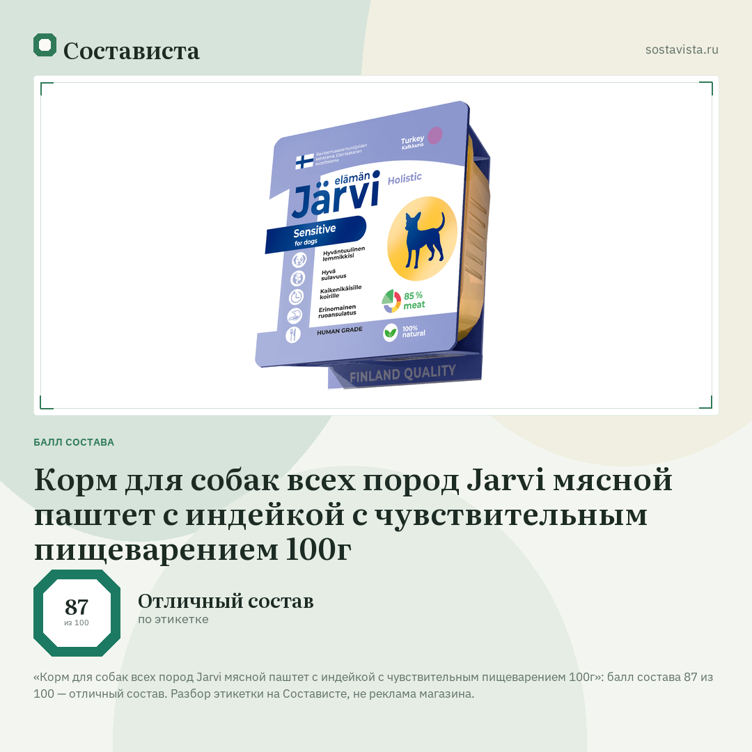 Корм для собак всех пород Jarvi мясной паштет с индейкой с чувствительным пищеварением 100г: балл состава 87 из 100 — Состависта