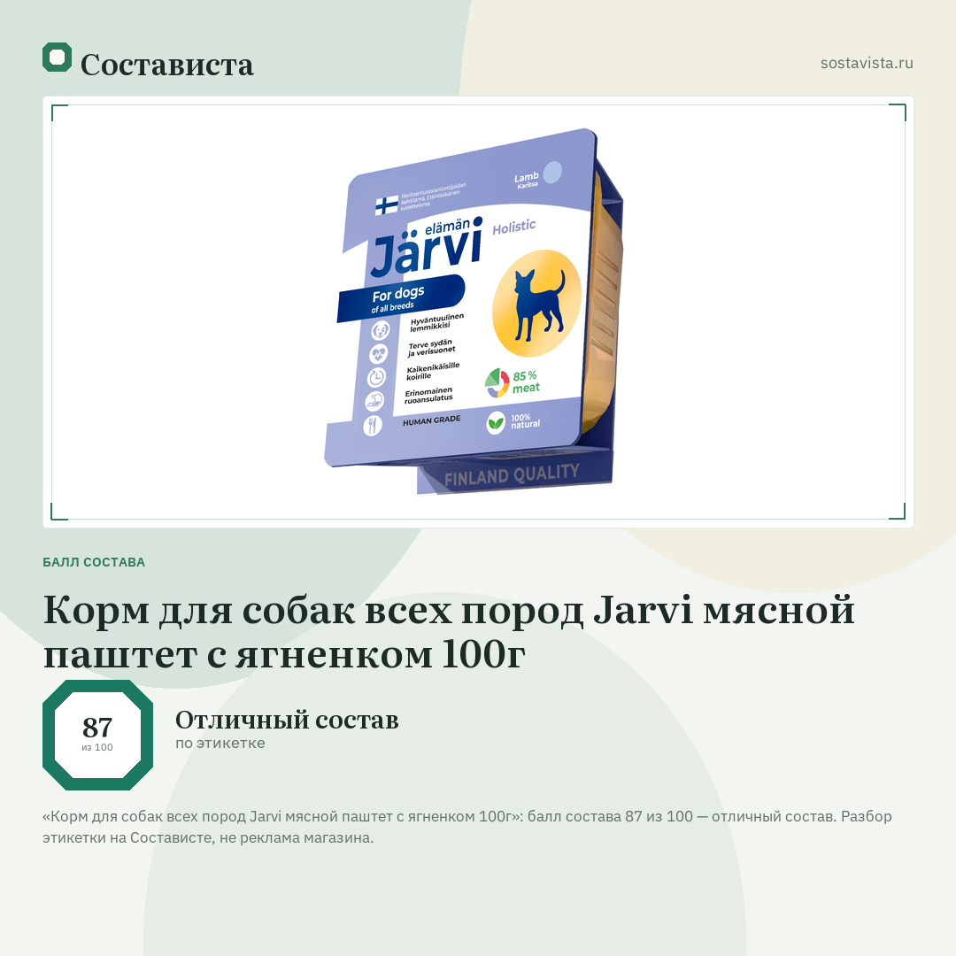 Корм для собак всех пород Jarvi мясной паштет с ягненком 100г: балл состава 87 из 100 — Состависта