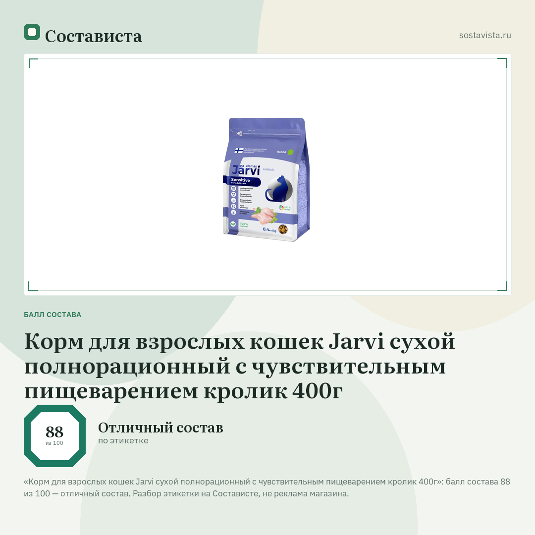 Корм для взрослых кошек Jarvi сухой полнорационный с чувствительным пищеварением кролик 400г: балл состава 88 из 100 — Состависта