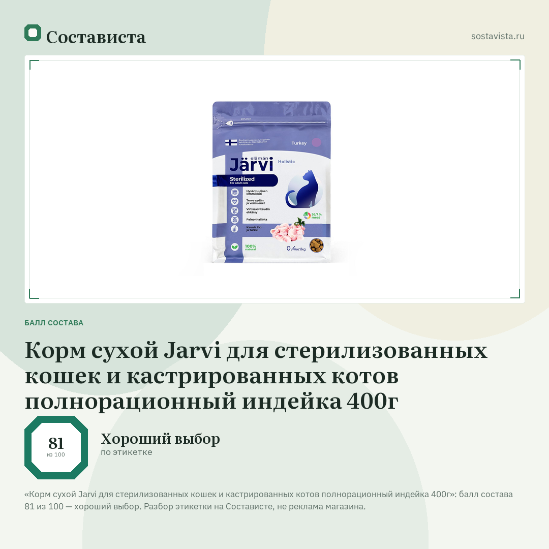 Корм сухой Jarvi для стерилизованных кошек и кастрированных котов полнорационный индейка 400г: балл состава 81 из 100 — Состависта