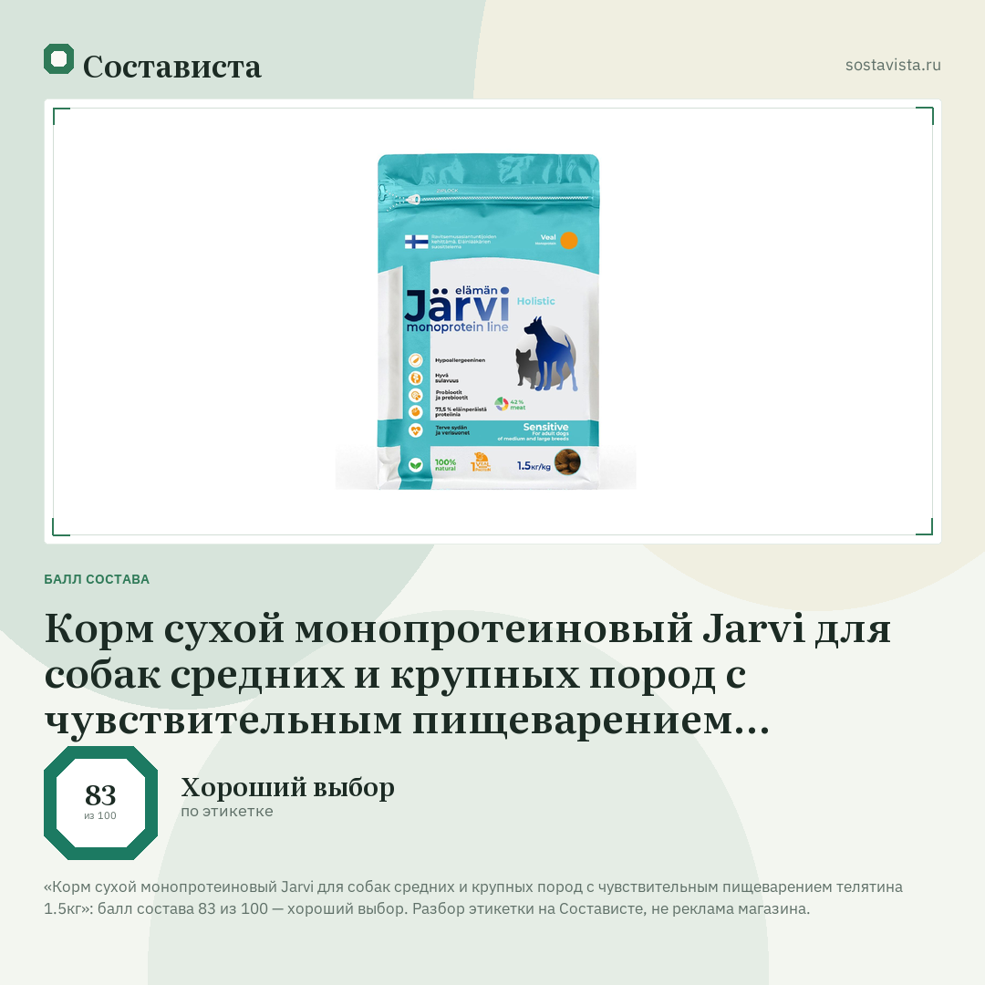 Корм сухой монопротеиновый Jarvi для собак средних и крупных пород с чувствительным пищеварением телятина 1.5кг: балл состава 83 из 100 — Состависта