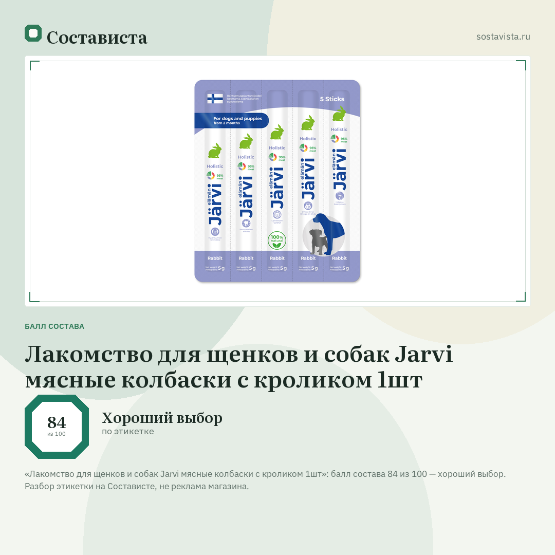 Лакомство для щенков и собак Jarvi мясные колбаски с кроликом 1шт: балл состава 84 из 100 — Состависта