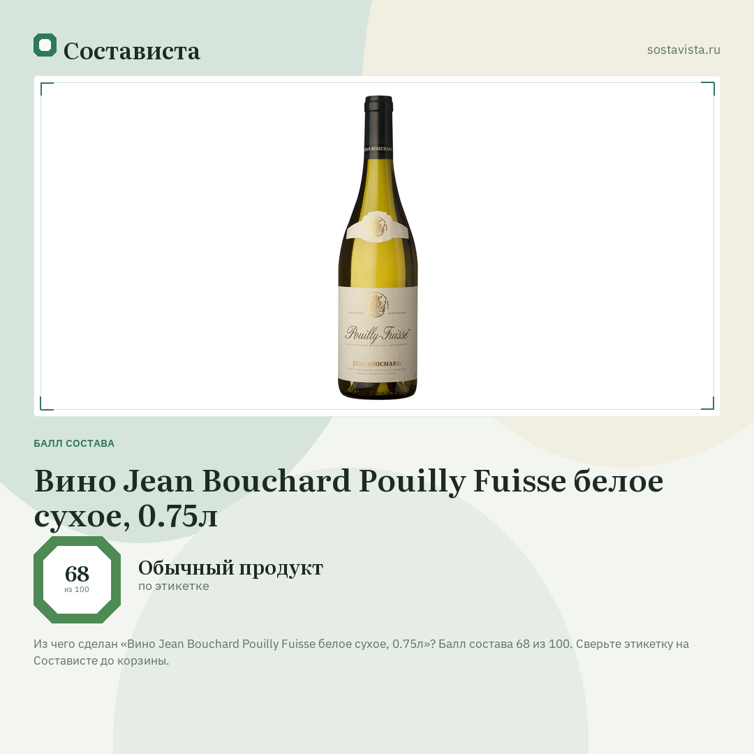 Вино Jean Bouchard Pouilly Fuisse белое сухое, 0.75л: балл состава 68 из 100 — Состависта
