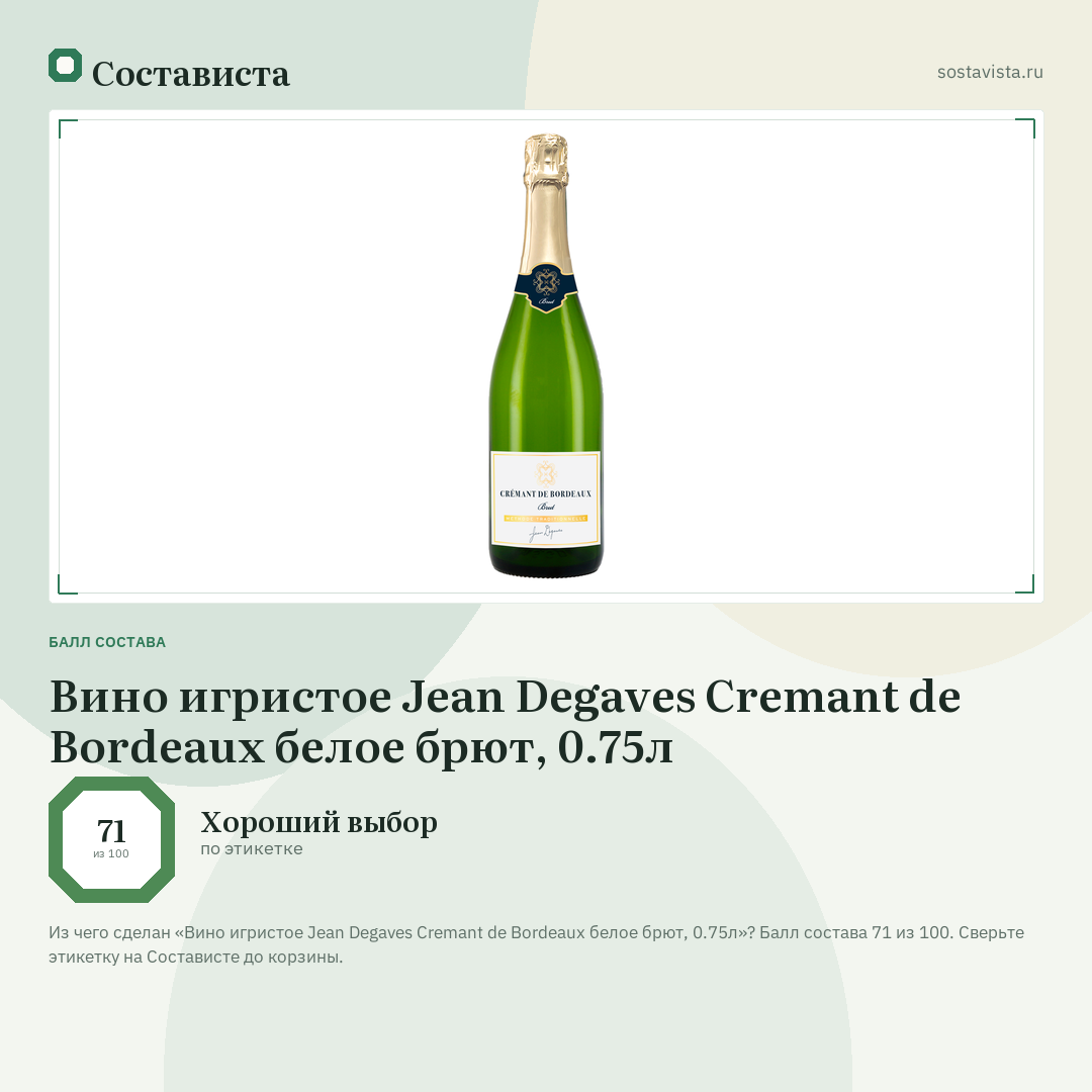Вино игристое Jean Degaves Cremant de Bordeaux белое брют, 0.75л: балл состава 71 из 100 — Состависта