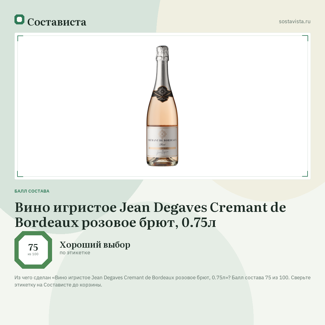 Вино игристое Jean Degaves Cremant de Bordeaux розовое брют, 0.75л: балл состава 75 из 100 — Состависта