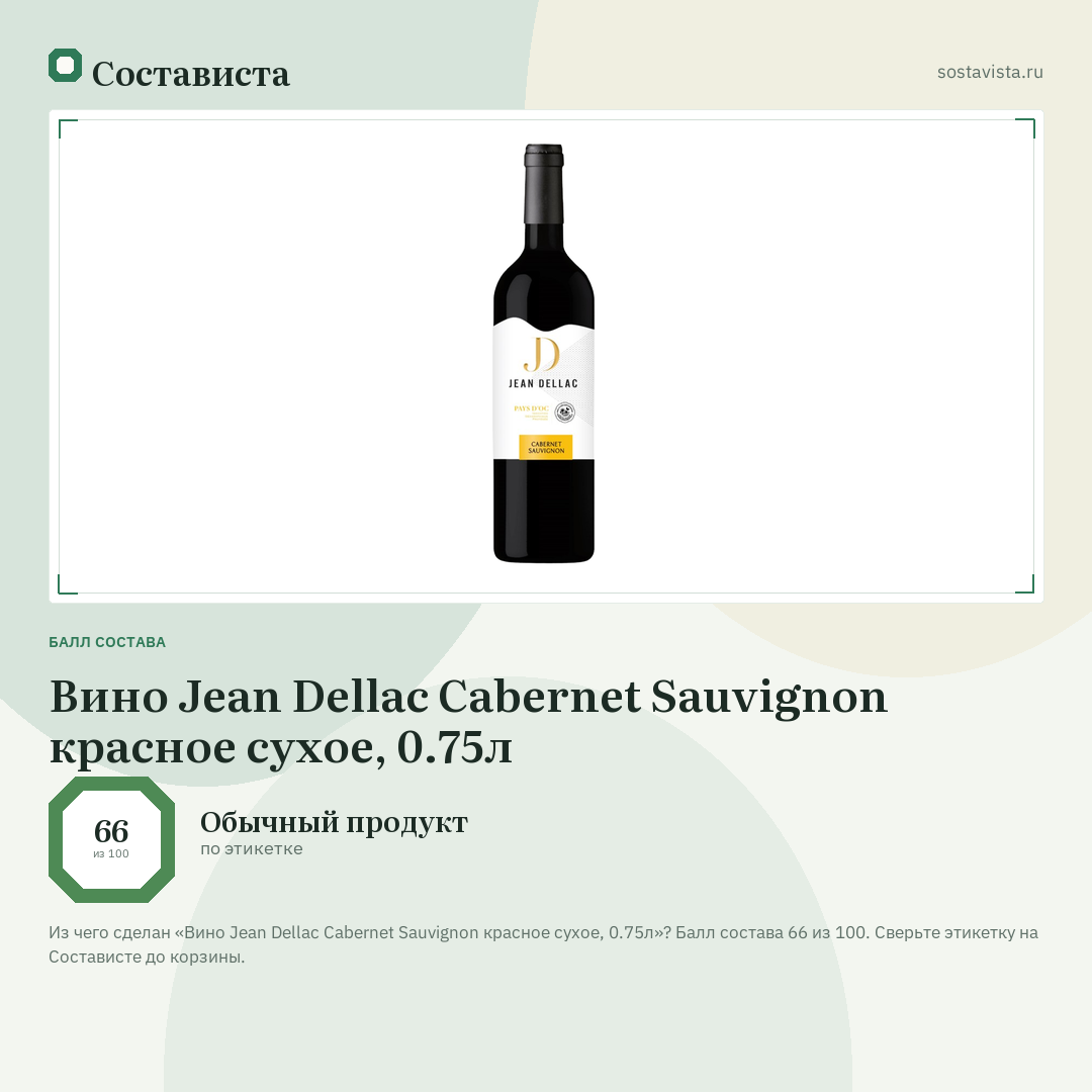 Вино Jean Dellac Cabernet Sauvignon красное сухое, 0.75л: балл состава 66 из 100 — Состависта