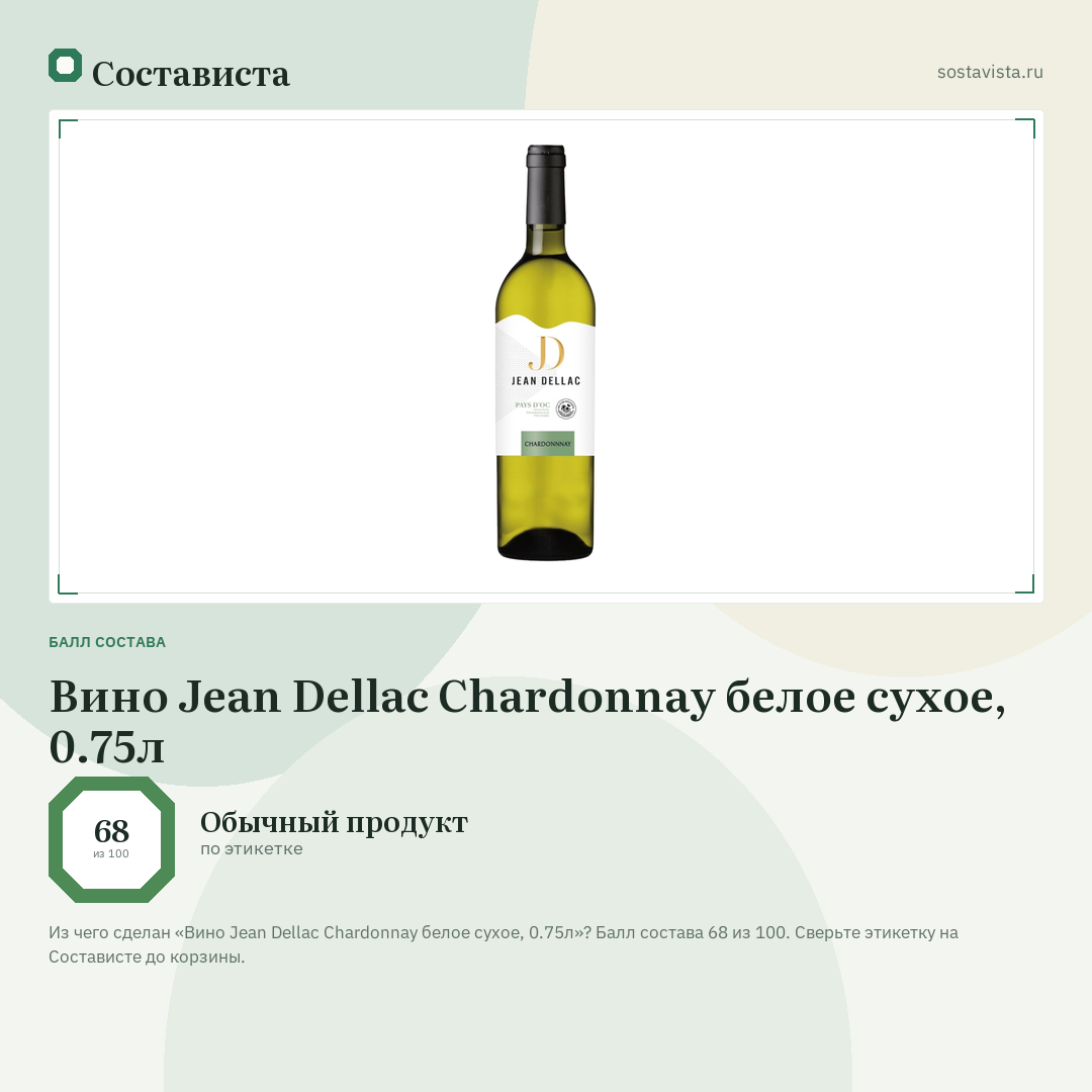 Вино Jean Dellac Chardonnay белое сухое, 0.75л: балл состава 68 из 100 — Состависта
