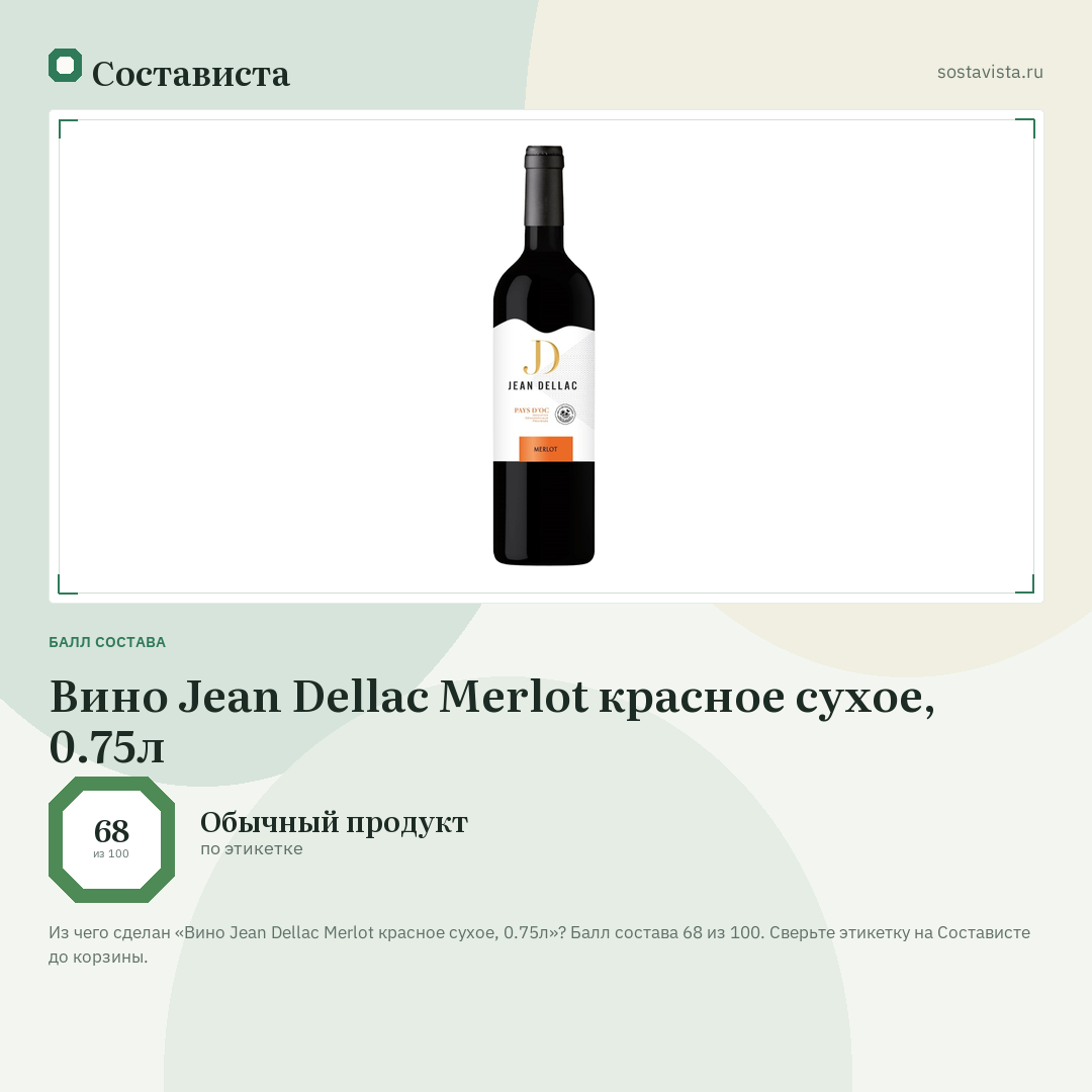 Вино Jean Dellac Merlot красное сухое, 0.75л: балл состава 68 из 100 — Состависта