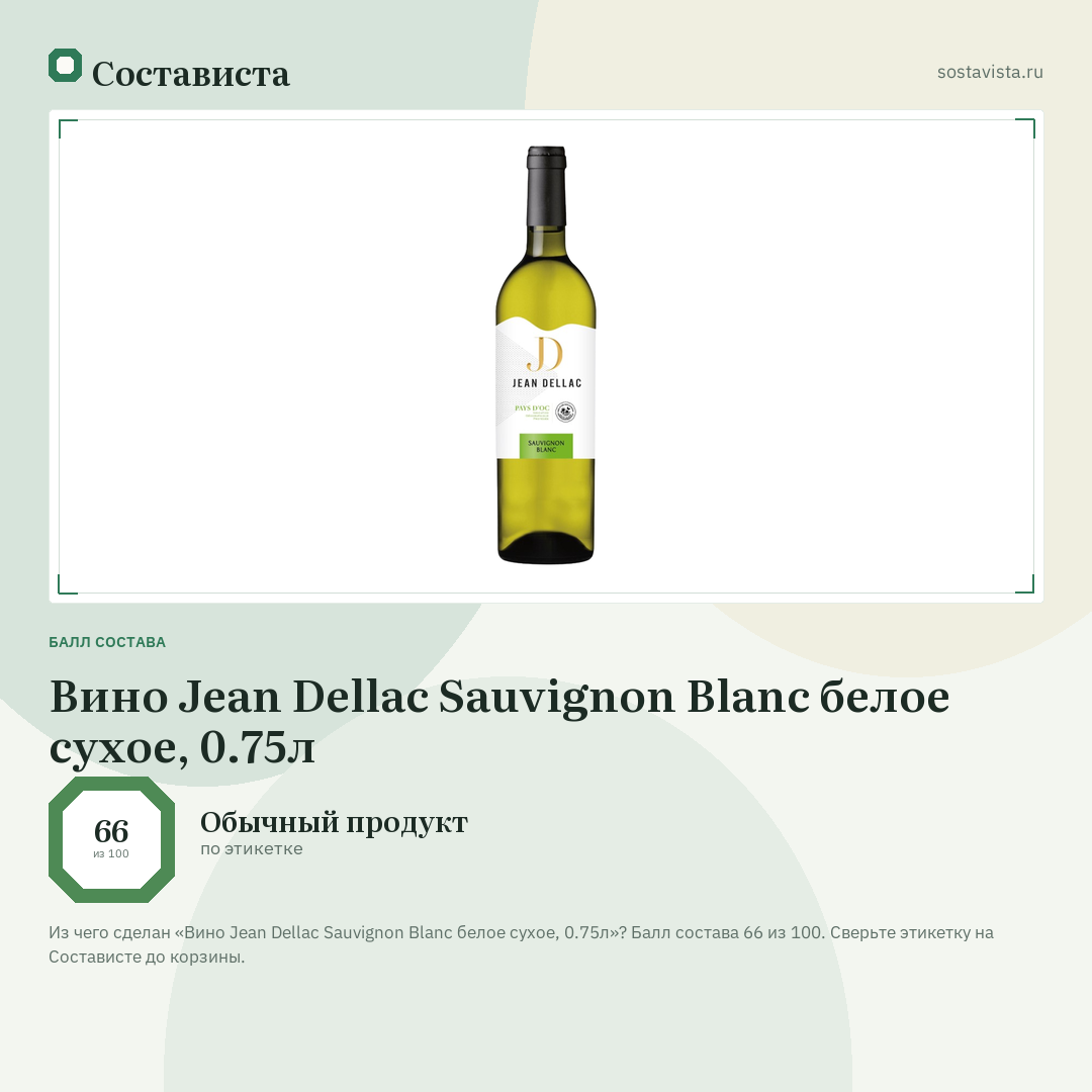 Вино Jean Dellac Sauvignon Blanc белое сухое, 0.75л: балл состава 66 из 100 — Состависта