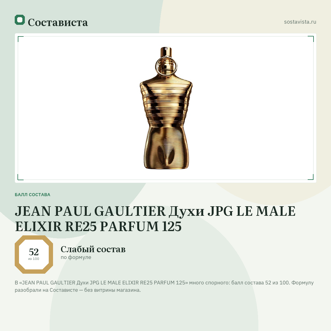 JEAN PAUL GAULTIER Духи JPG LE MALE ELIXIR RE25 PARFUM 125: балл состава 52 из 100 — Состависта