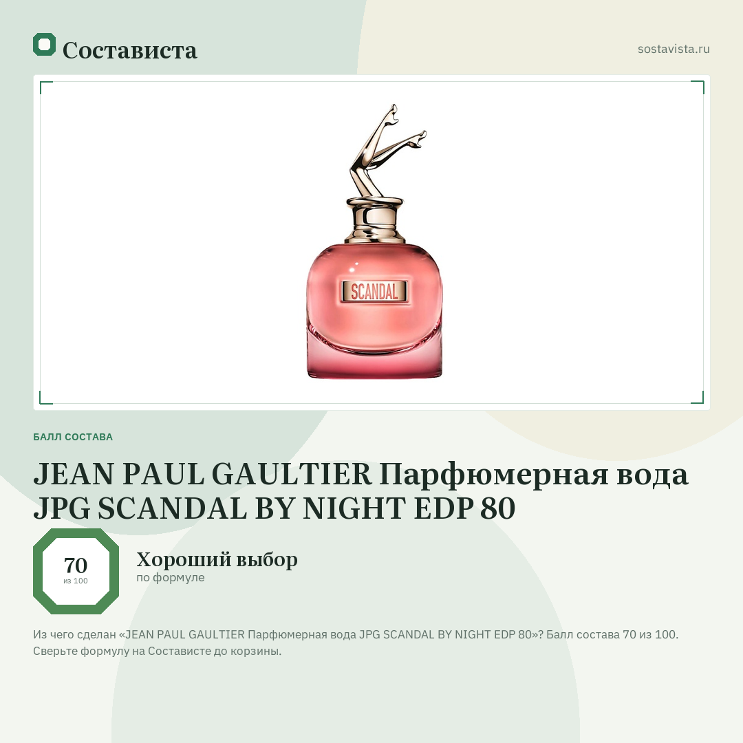 JEAN PAUL GAULTIER Парфюмерная вода JPG SCANDAL BY NIGHT EDP 80: балл состава 70 из 100 — Состависта