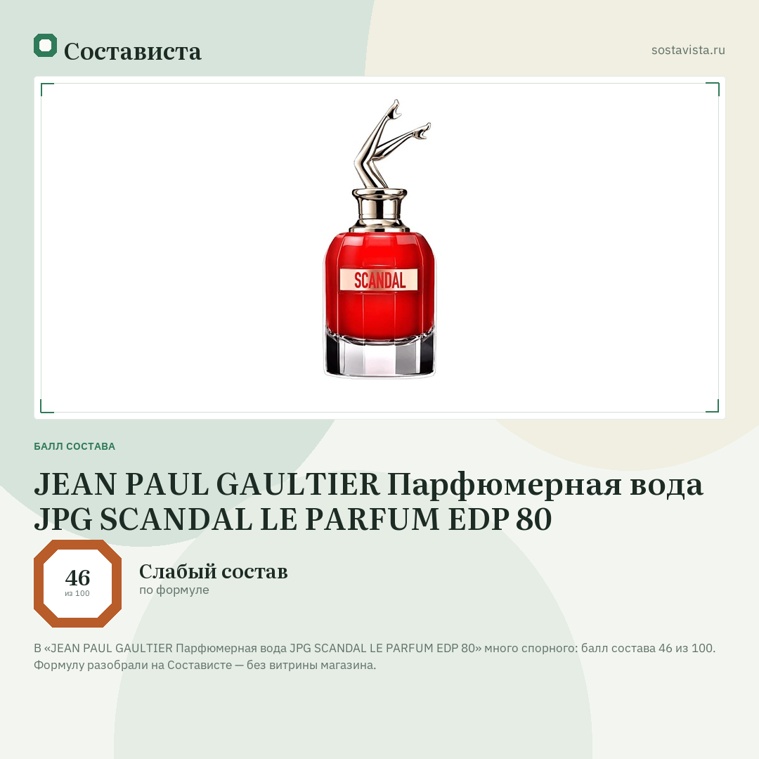 JEAN PAUL GAULTIER Парфюмерная вода JPG SCANDAL LE PARFUM EDP 80: балл состава 46 из 100 — Состависта
