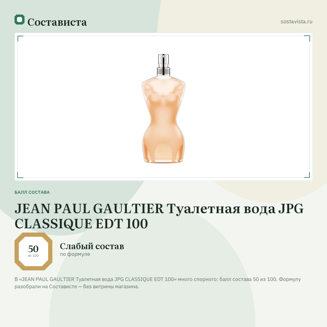 JEAN PAUL GAULTIER Туалетная вода JPG CLASSIQUE EDT 100: балл состава 50 из 100 — Состависта