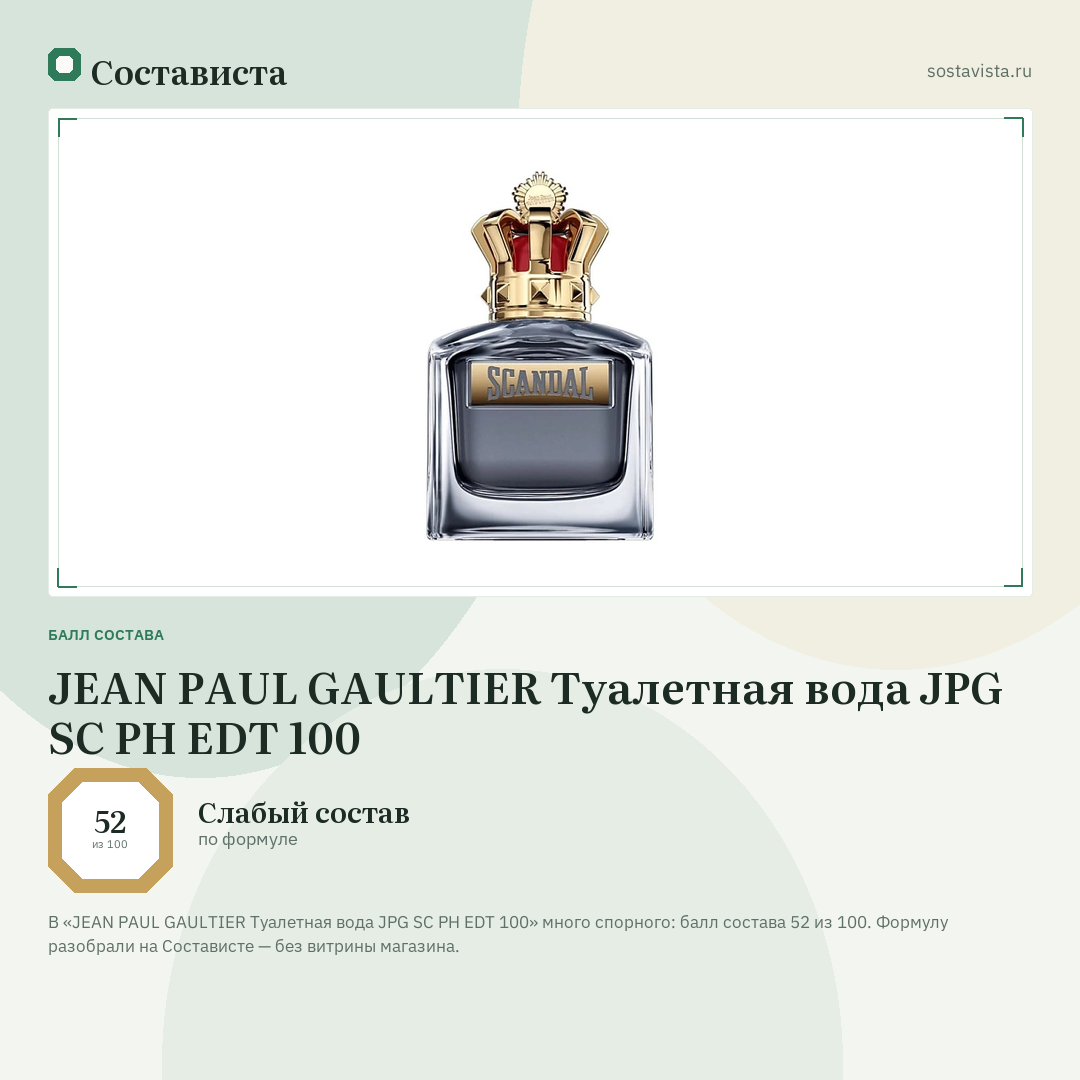 JEAN PAUL GAULTIER Туалетная вода JPG SC PH EDT 100: балл состава 52 из 100 — Состависта