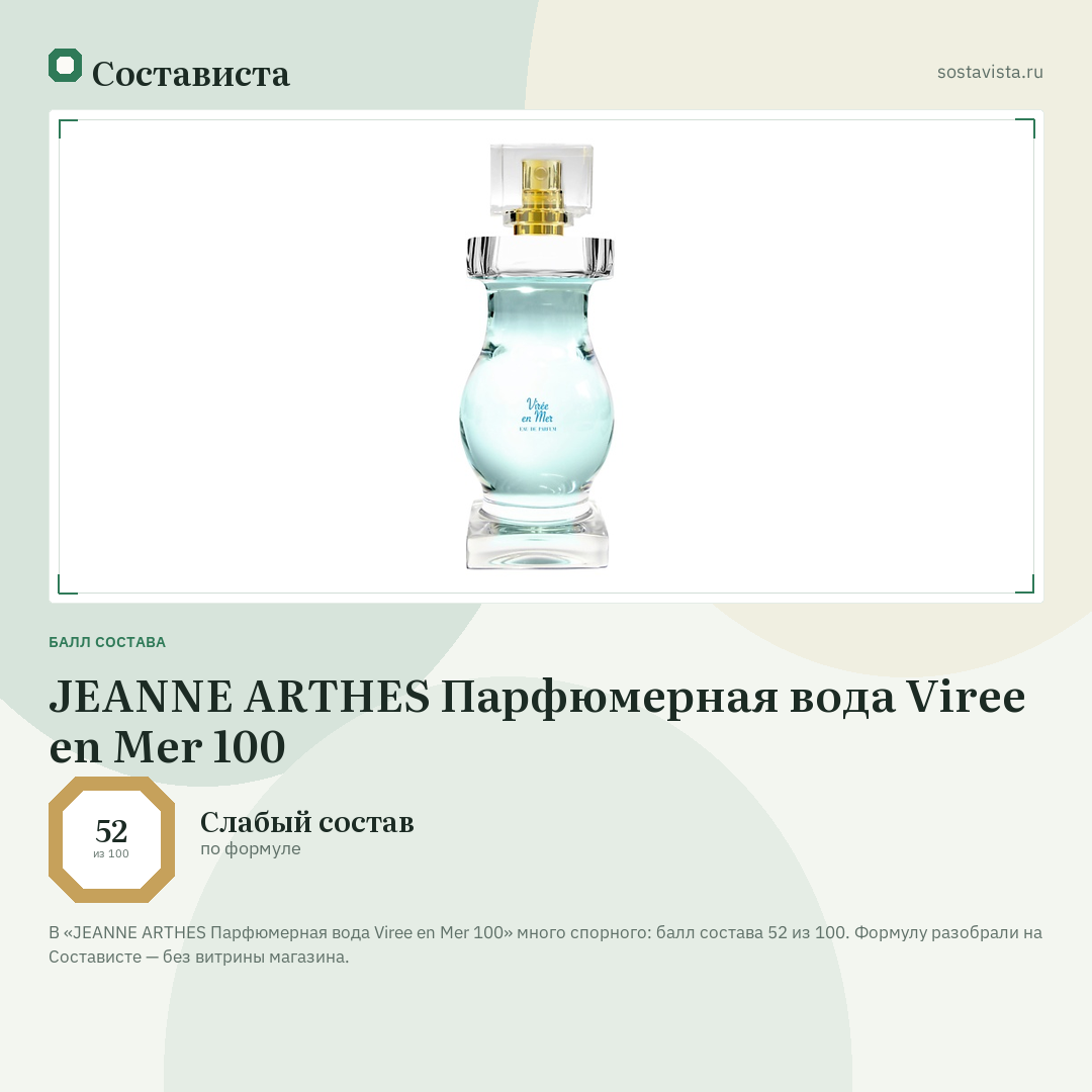 JEANNE ARTHES Парфюмерная вода Viree en Mer 100: балл состава 52 из 100 — Состависта