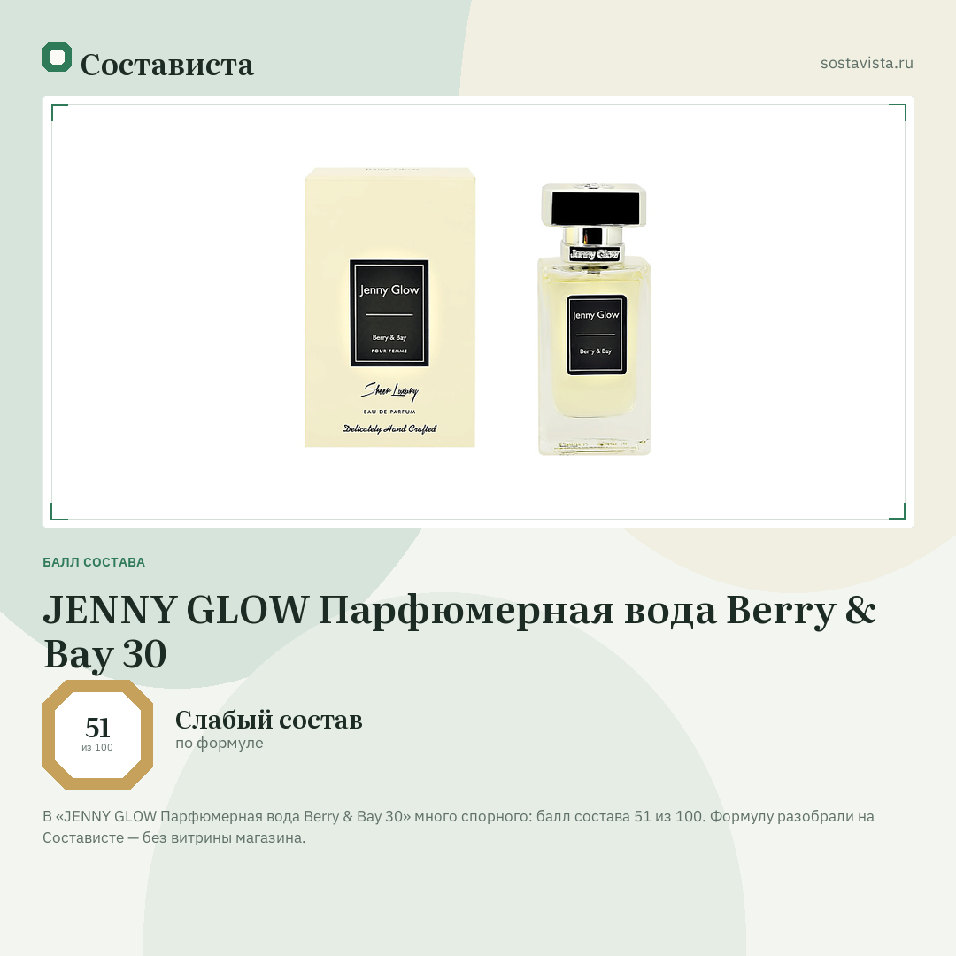 JENNY GLOW Парфюмерная вода Berry & Bay 30: балл состава 51 из 100 — Состависта