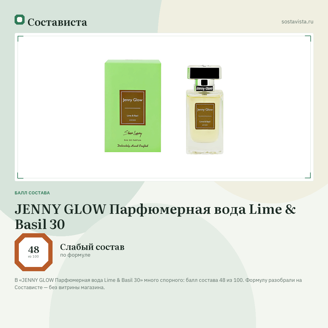 JENNY GLOW Парфюмерная вода Lime & Basil 30: балл состава 48 из 100 — Состависта