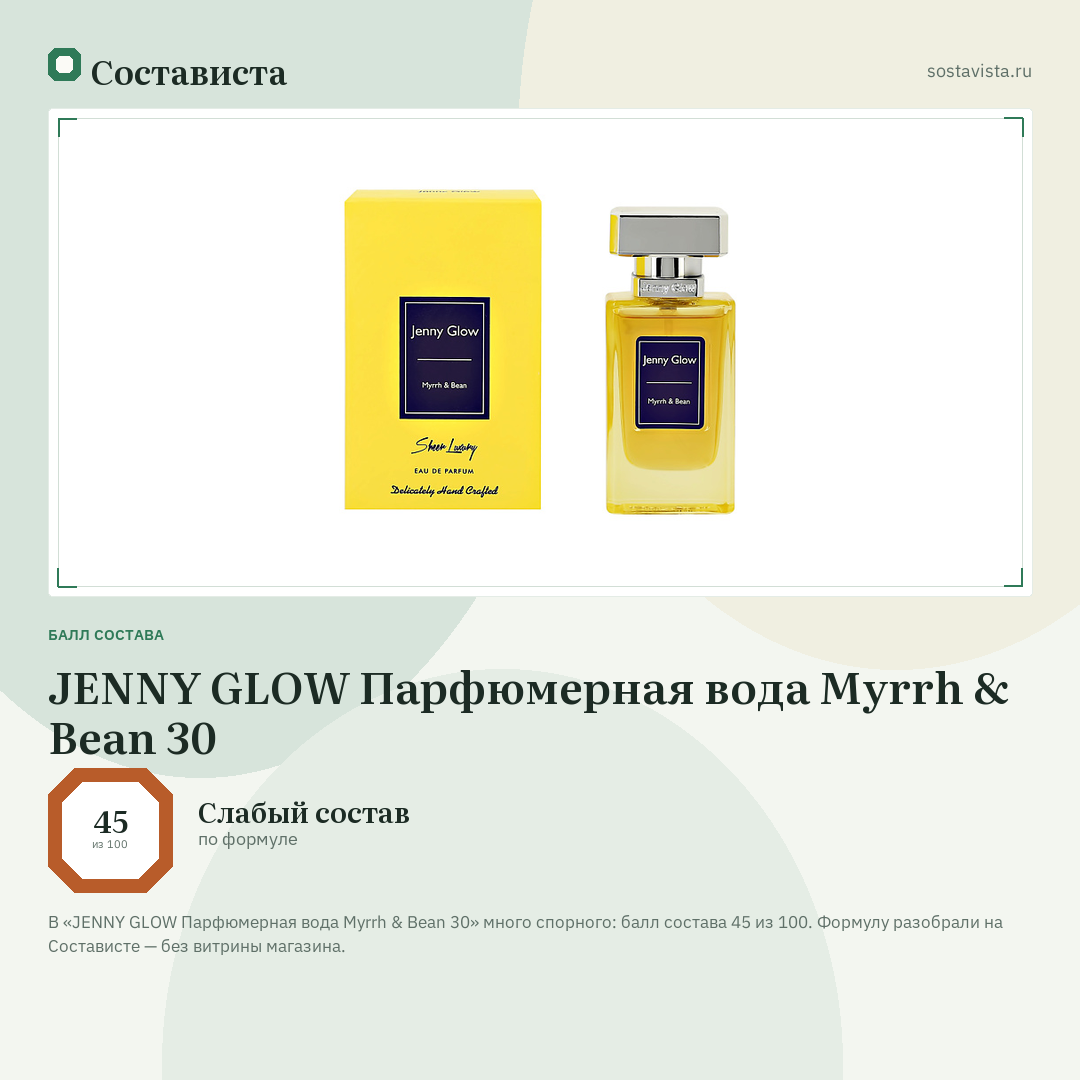 JENNY GLOW Парфюмерная вода Myrrh & Bean 30: балл состава 45 из 100 — Состависта