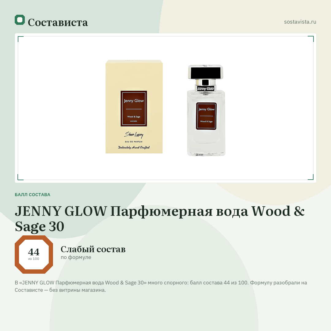 JENNY GLOW Парфюмерная вода Wood & Sage 30: балл состава 44 из 100 — Состависта