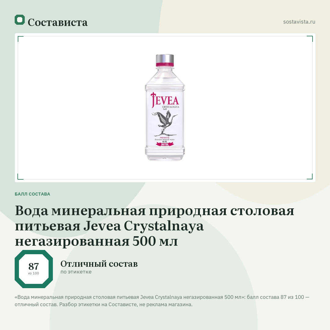 Вода минеральная природная столовая питьевая Jevea Crystalnaya негазированная 500 мл: балл состава 87 из 100 — Состависта