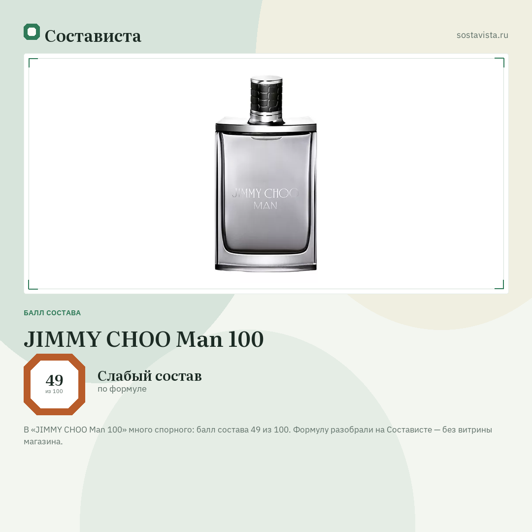 JIMMY CHOO Man 100: балл состава 49 из 100 — Состависта