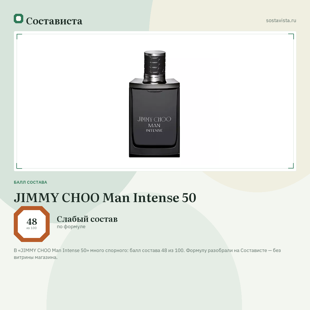 JIMMY CHOO Man Intense 50: балл состава 48 из 100 — Состависта