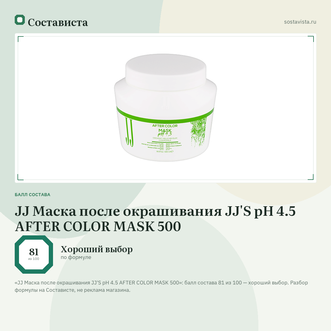 JJ Маска после окрашивания JJ'S pH 4.5 AFTER COLOR MASK 500: балл состава 81 из 100 — Состависта