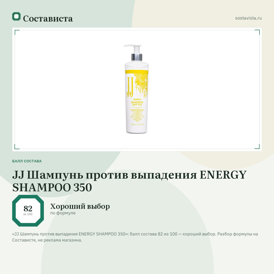 JJ Шампунь против выпадения ENERGY SHAMPOO 350: балл состава 82 из 100 — Состависта