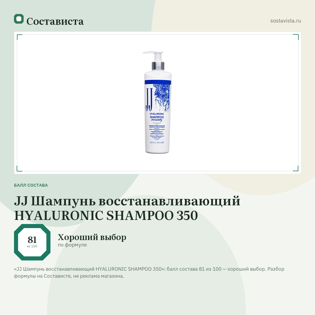 JJ Шампунь восстанавливающий HYALURONIC SHAMPOO 350: балл состава 81 из 100 — Состависта