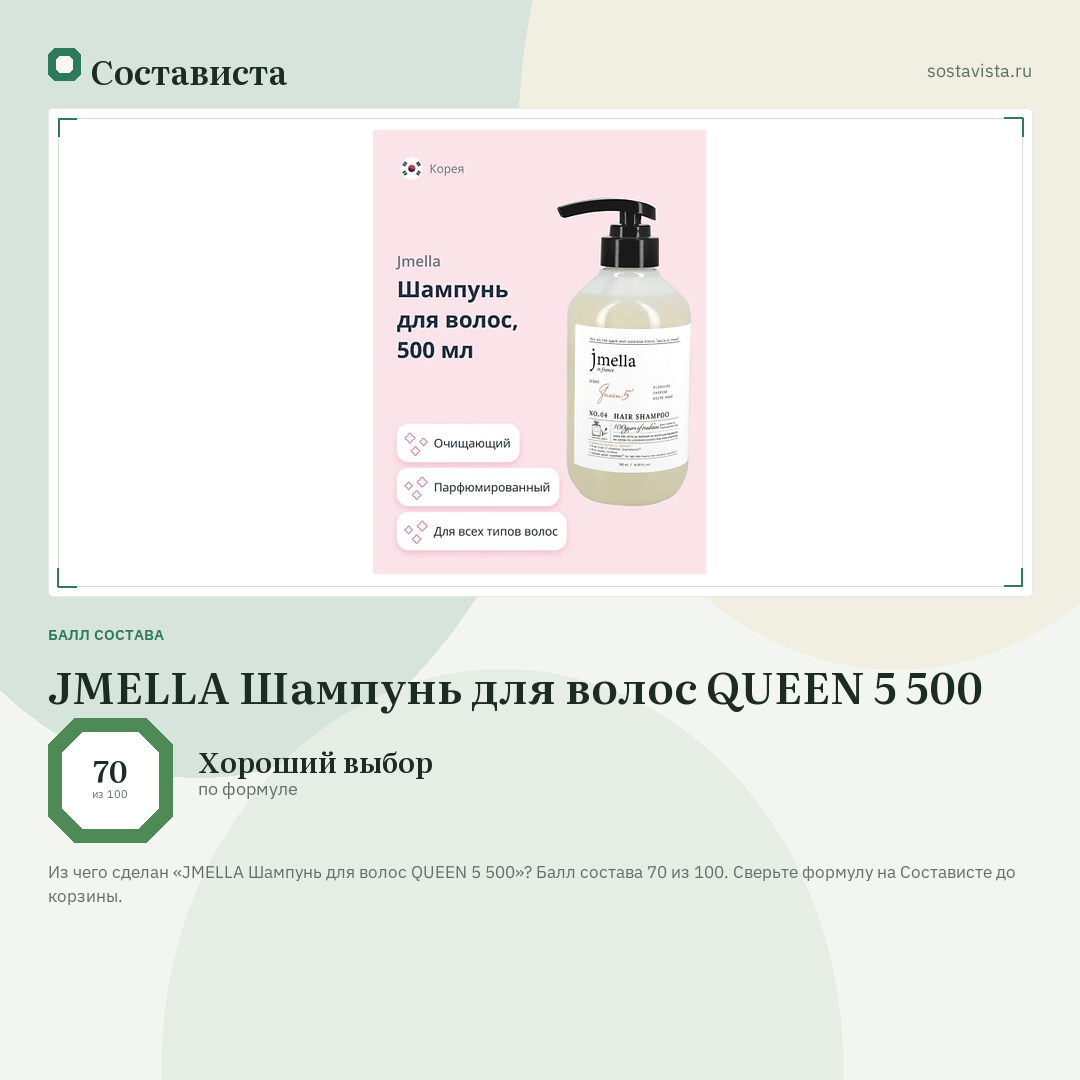 JMELLA Шампунь для волос QUEEN 5 500: балл состава 70 из 100 — Состависта