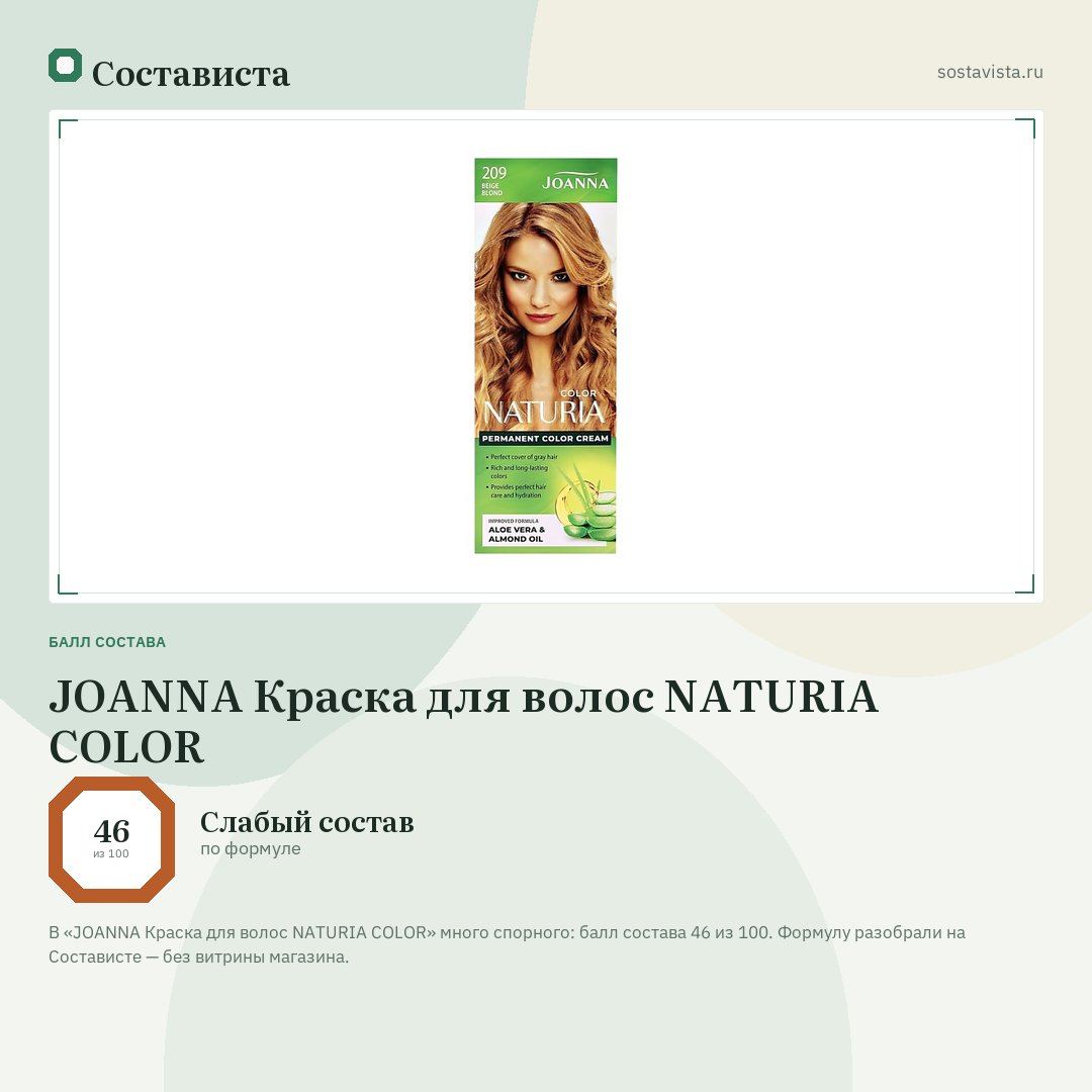 JOANNA Краска для волос NATURIA COLOR: балл состава 46 из 100 — Состависта