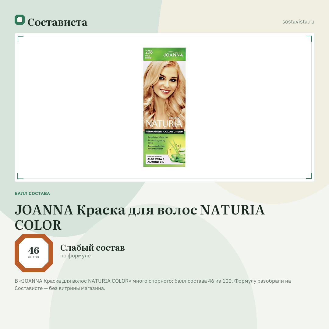 JOANNA Краска для волос NATURIA COLOR: балл состава 46 из 100 — Состависта
