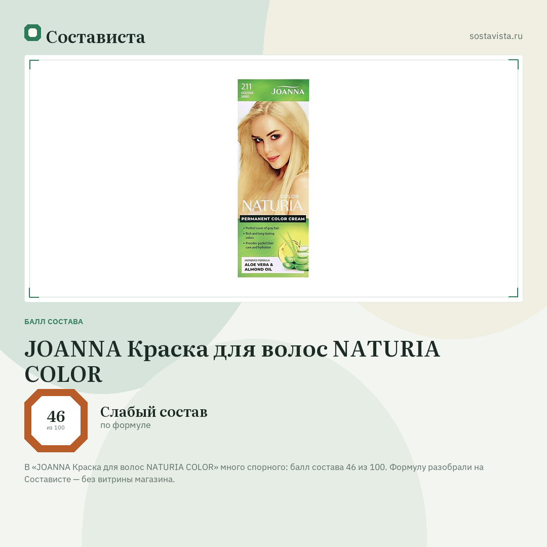JOANNA Краска для волос NATURIA COLOR: балл состава 46 из 100 — Состависта