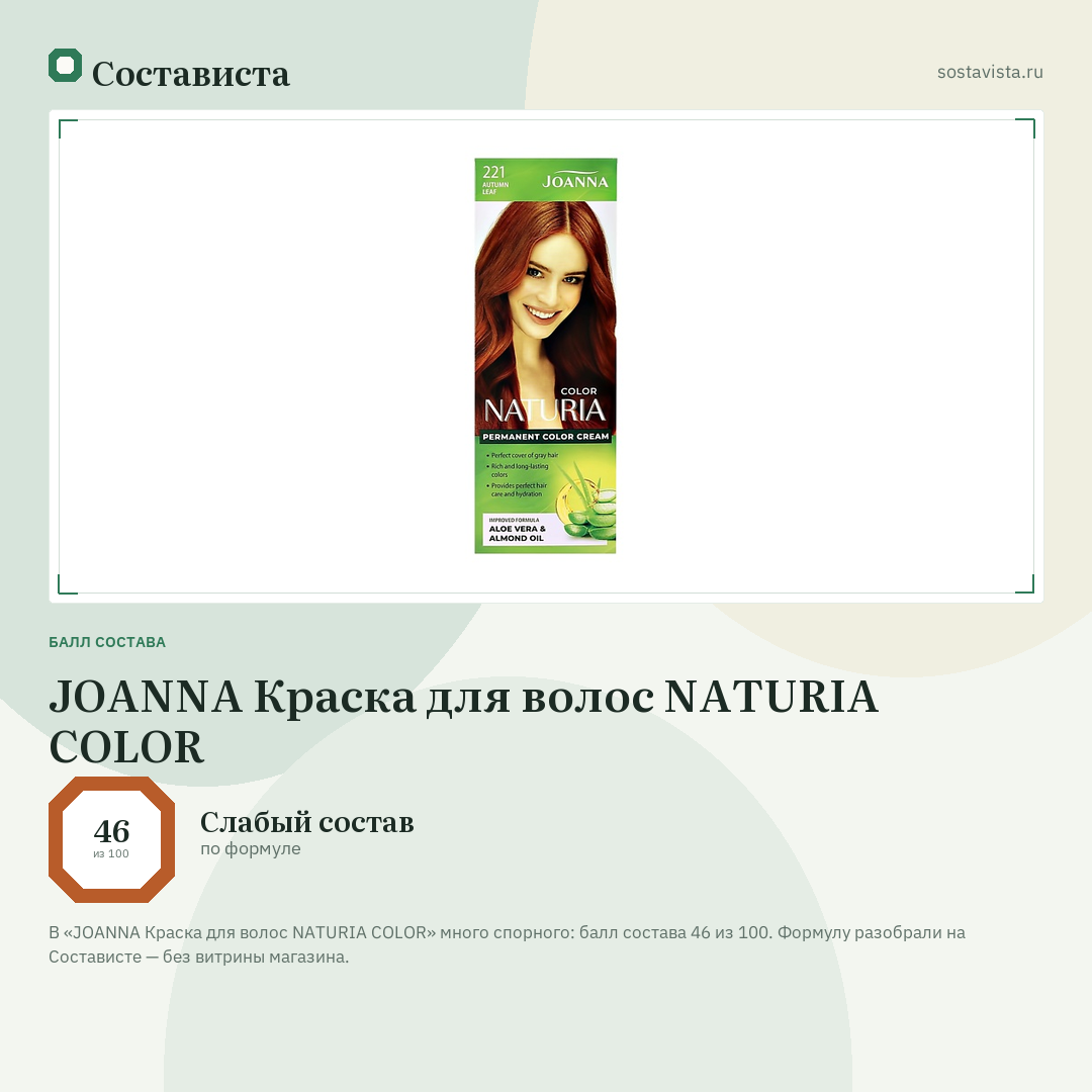 JOANNA Краска для волос NATURIA COLOR: балл состава 46 из 100 — Состависта
