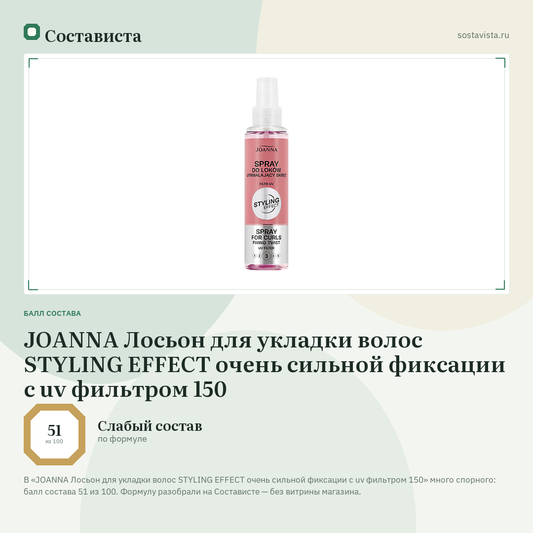 JOANNA Лосьон для укладки волос STYLING EFFECT очень сильной фиксации с uv фильтром 150: балл состава 51 из 100 — Состависта