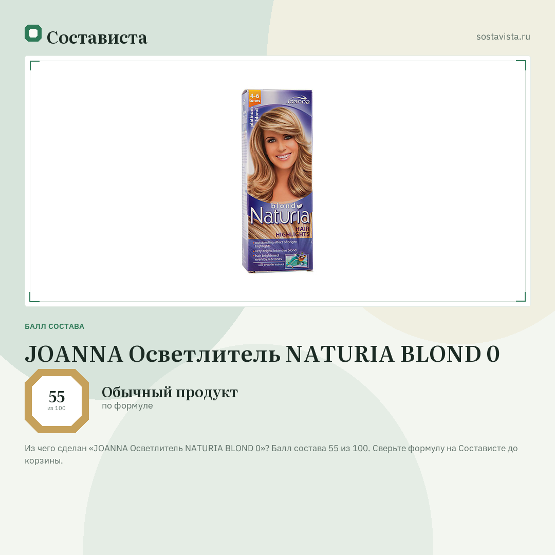 JOANNA Осветлитель NATURIA BLOND 0: балл состава 55 из 100 — Состависта